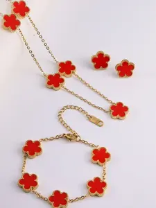 European Style Lucky Five-Leaf Flower Jewelry Set, Titanium Steel Necklace Bracelet Earrings, Perfect Gift for Women