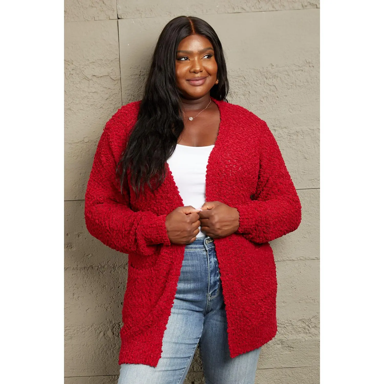 Zenana Falling For You Full Size Open Front Popcorn Cardigan