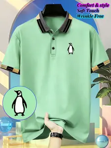 Fashion Casual Summer Short Sleeve Polo Shirt, Cute Penguin Print, Outdoor Running Fitness Golf Collar, Button Front, Breathable Polyester