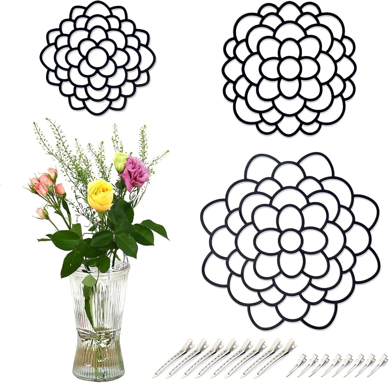 3-Piece Black Reusable Stainless Steel Floral Frog Set, Home Decor Grid Holder for Vase, Fresh Flower Stem Bouquet Fixation, Three Pieces