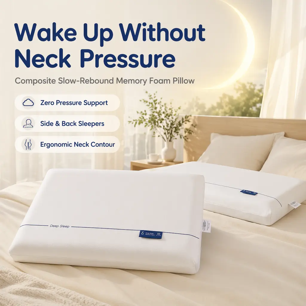 Composite Slow-Rebound Polyurethane Memory Foam Pillow - 0-Pressure Contour Neck Support Bed Cushion for Side, Back Sleepers & Ergonomic Deep Sleep Use