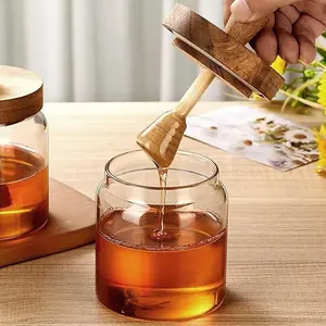 Airtight Glass Honey Pot with Built-in Wooden Dipper, Sealed Honey Container for Syrup, Jam & Condiments, Kitchen Storage Jar