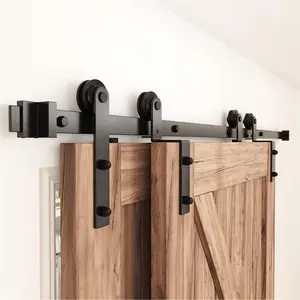 6.6FT Single Track Bypass Sliding Barn Door Hardware Kit for Double Doors, Suitable for Low Ceiling, Smooth Quiet, Easy to Install