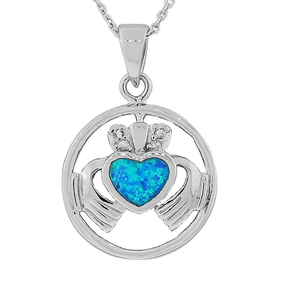 Women's Irish Claddagh Necklace in 925 Sterling Silver, Simulated Blue Opal Heart Pendant with Cubic Zirconia Accents, 18" Chain