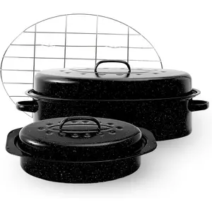 Enamel Roasting Pan With Lid and Rack 13" 18"Roaster Pans Set With Rack Suitable Cooking Poultry Baking Turkey Bread Beef High Temperature Resistance,Dishwasher Safe,Gifts
