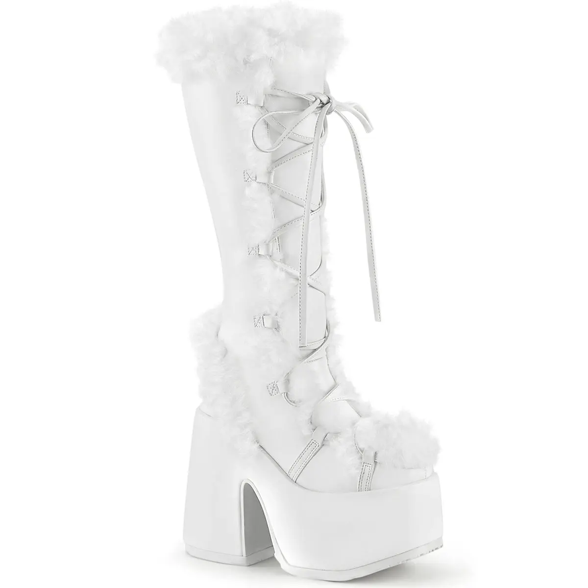 Demonia Camel-311 Women's Cuban Heel Lace-Up Knee High Boots with Faux Fur Trim Detail and Inner Side Zip Demonia Camel-311 Women's Cuban Heel Lace-Up Knee High Boots with Faux Fur Trim Detail and Inner Side Zip