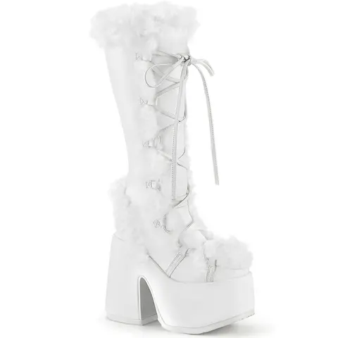 Demonia Camel-311 Women's Cuban Heel Lace-Up Knee High Boots with Faux Fur Trim Detail and Inner Side Zip