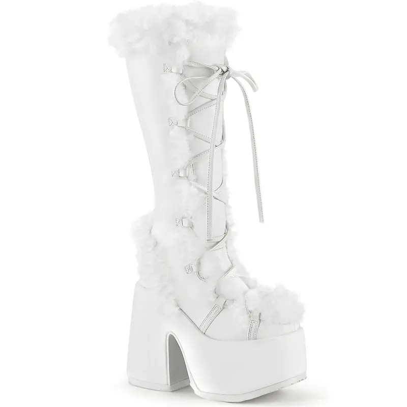 Demonia Camel-311 Women's Cuban Heel Lace-Up Knee High Boots with Faux Fur Trim Detail and Inner Side Zip