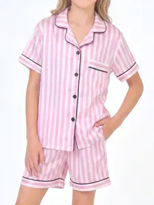 Kids Girls Pink Stripe Satin Pajama Set, Short Sleeve Button Down 2 Piece PJs, Soft Summer Cute Clothes Set, Teen Girl Clothes 5-14Y