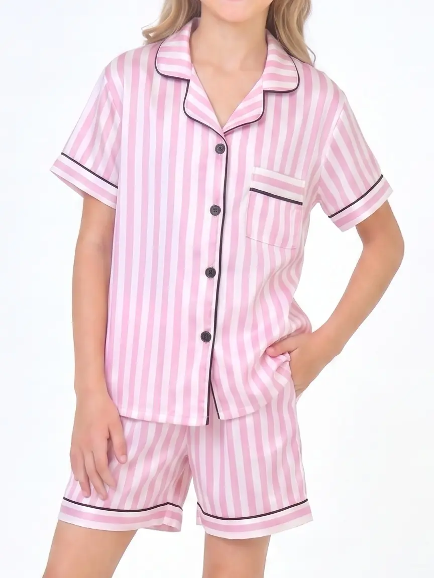 Girls Pajamas Set Kids Summer Clothes Size 8 10-12 | Pink Striped Satin Short Pjs Set for Girls | Comfy Button Down Kids Summer Pajamas | Pijamas para Niños | Silk Toddler Girl Pajama Shorts Set 10 Year Old Girl Clothes Sleepwear