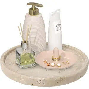 Small Ceramic Vanity Tray for Bathroom Counter Decor, Round Marble Decorative Trays for Coffee Table (Beige, Medium Size)
