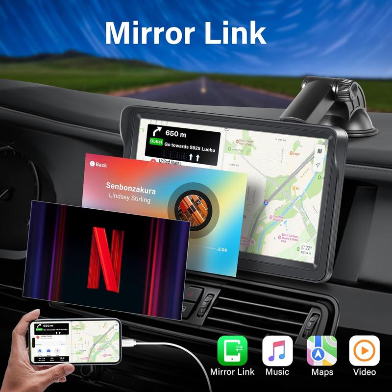 Portable Wireless Apple Carplay & Android Auto Car Stereo with Voice Control,7 Inch Touch Screen Double Din Stereo with Bluetooth, Multimedia Player, Car Audio with Mirror Link/AUX/FM