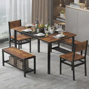 4-6 Seater Industrial Dining Table Set, Kitchen Table Equipped with 2 Benches and 2 Chairs, Built-in Storage Rack Design, Space-saving Rustic Dining Furniture for Kitchen and Dining Room Daily Use