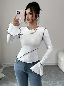 Women's Solid Color Long Sleeve Flare Sleeve T-Shirt, Casual Daily Wear, Comfortable and Stylish, Perfect for All Seasons