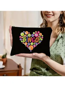 1pc 1pcs-Piece Binggo Bingo Letter Organizational Pouch with Heart & Bingo Letter Print - Zippered Machine-Washable Bag Suitable for Women's Makeup, Travel, Supplies, Bingo Game Accessory, Cute Gift Bag