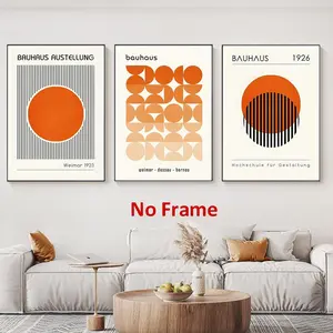 3pcs/set Bauhaus Orange Poster - Boho Line Art Print Mid Century Modern Wall Art Abstract Geometric Prints Pictures for Bedroom - Frameless