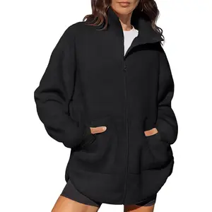 Womens Full Zip Fleece Long Jacket Sherpa Oversized Sweatshirts Stand Collar Winter Coat Warm Sweater