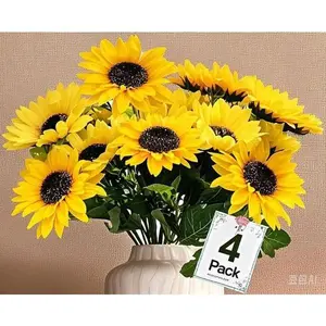 4 Pack Silk Sunflower Bouquet for Vase, Artificial Flowers for Wedding Table Home Decor, Faux Sunflower Arrangement for Indoor Outdoor Porch, Summer Cemetery Decor, Realistic Fake Flowers No Fade Decorative Fruit Plants Ornaments