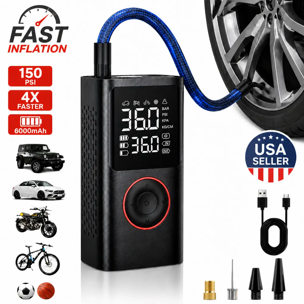 Black Friday Cordless Car Tire Inflator Portable Air Compressor with High-Capacity Battery Wireless Digital Display Enhanced Safety for Cars & Inflatables Onboard Tools Emergency Power Supply Tire Pressure Monitoring and Repair Kit,car accessories