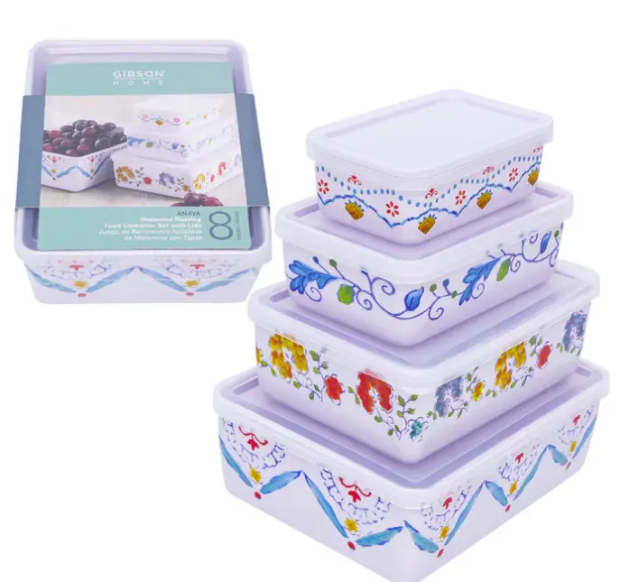 Gibson Home Anaya Durable Melamine Storage Containers, 8-Piece Rectangular Kitchen Accessories Set with Varied Sizes, Stackable for Meal Prep, Leftovers & Food Cover Organization
