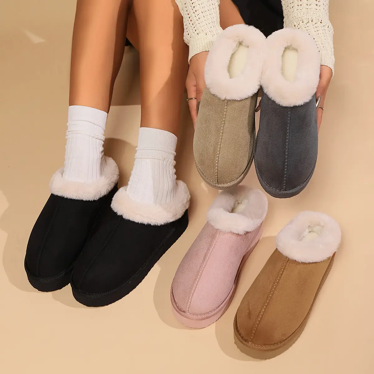 Women's Bootie Slippers Warm Cozy Slipper Boots with Fuzzy Plush Lining and Collar, Winter Non Slip House Shoes for Indoor Outdoor