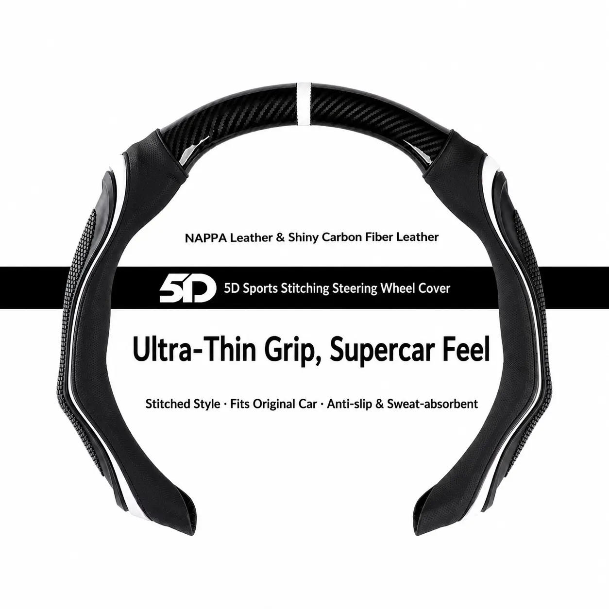 Universal Carbon Fiber & Nappa Leather Steering Wheel Cover, Sporty Modern Design, Car Interior Accessory