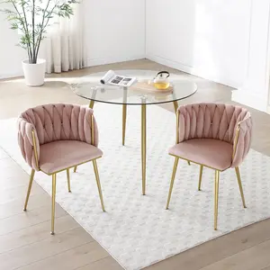 Set of 2 Modern Velvet Dining Chairs, Upholstered Woven Dining Chair with Gold Metal Legs, Upholstered Dining Chairs for desk Dining Room, Kitchen,Living Room sturdy metal table leg vanity chair cross