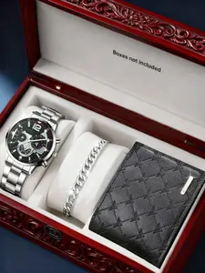 Men's Luxury Business Set, Includes Dial Quartz Watch Business Fashion Watches, Silver Color Chain Bracelet, Embossed Leather Wallet, Fashionable and Elegant Design