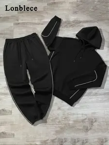 Men's Hoodie Set with Ribbed Edges, Casual Fleece Sweatshirt Pullover Fitted + Matching Sweatpants, Comfortable Daily Wear, Perfect for Fall & Winter, Tracksuit Outfit