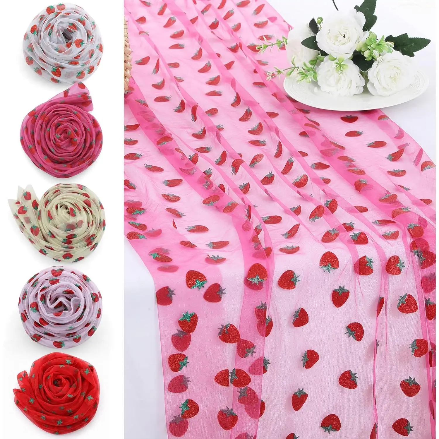 10 Pcs 29 x 68 inch Strawberry Shiny Glitter Tulle Table Cloth 5 Colors Sheer Lace Tablecloth for Party Decorations Shortcake Birthday Wedding Bridal Shower Party Home Kitchen Table Decor