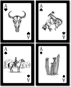 Vintage Western Cowboy Playing Card Wall Art Prints Set of 4 Unframed, Western Wall Decor, Retro Western Bull Skull Rodeo Cactus Cowboy Poster Prints for Home Room Wall Decor 8x10 Inches