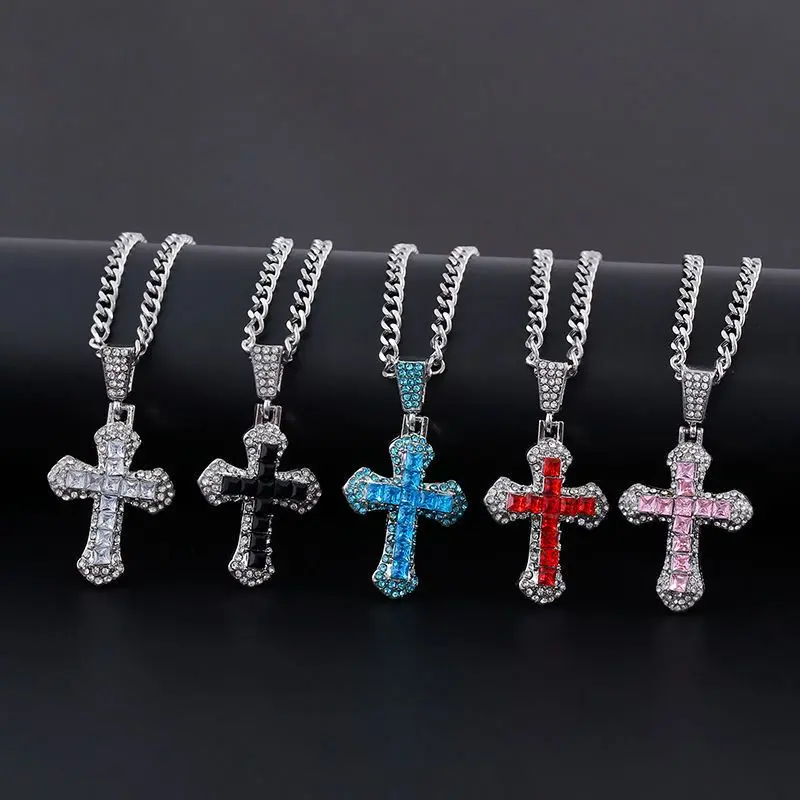 Unisex High-Density New-Style Full Diamond Cross Necklace, Hip-Hop Inspired Religious-Themed Cross Relief Jewelry, Diamond Pendant Necklace with Multiple Lengths for Trendy Fashion Accessories Enthusiasts, Hip-Hop Inspired Necklaces frownies