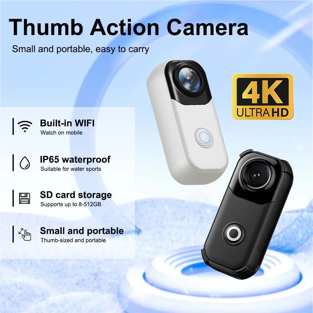 1PC 4K Ultra HD Thumb Sports Camera, IP65 Waterproof, Embedded WiFi, Mini Portable Body Cam, Loop Recording with Clear Audio, First Person View Video Recorder for Outdoor Cycling Skiing Vlog Meeting Recording Law Enforcement Daily Shooting