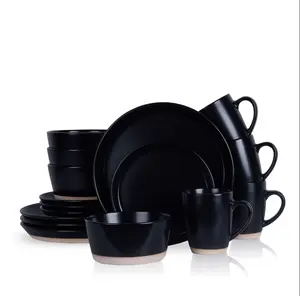 Jules Modern Stoneware 16-piece Round Black Dinnerware Set, Plates and Bowls Sets, Dish Set for 4, Black