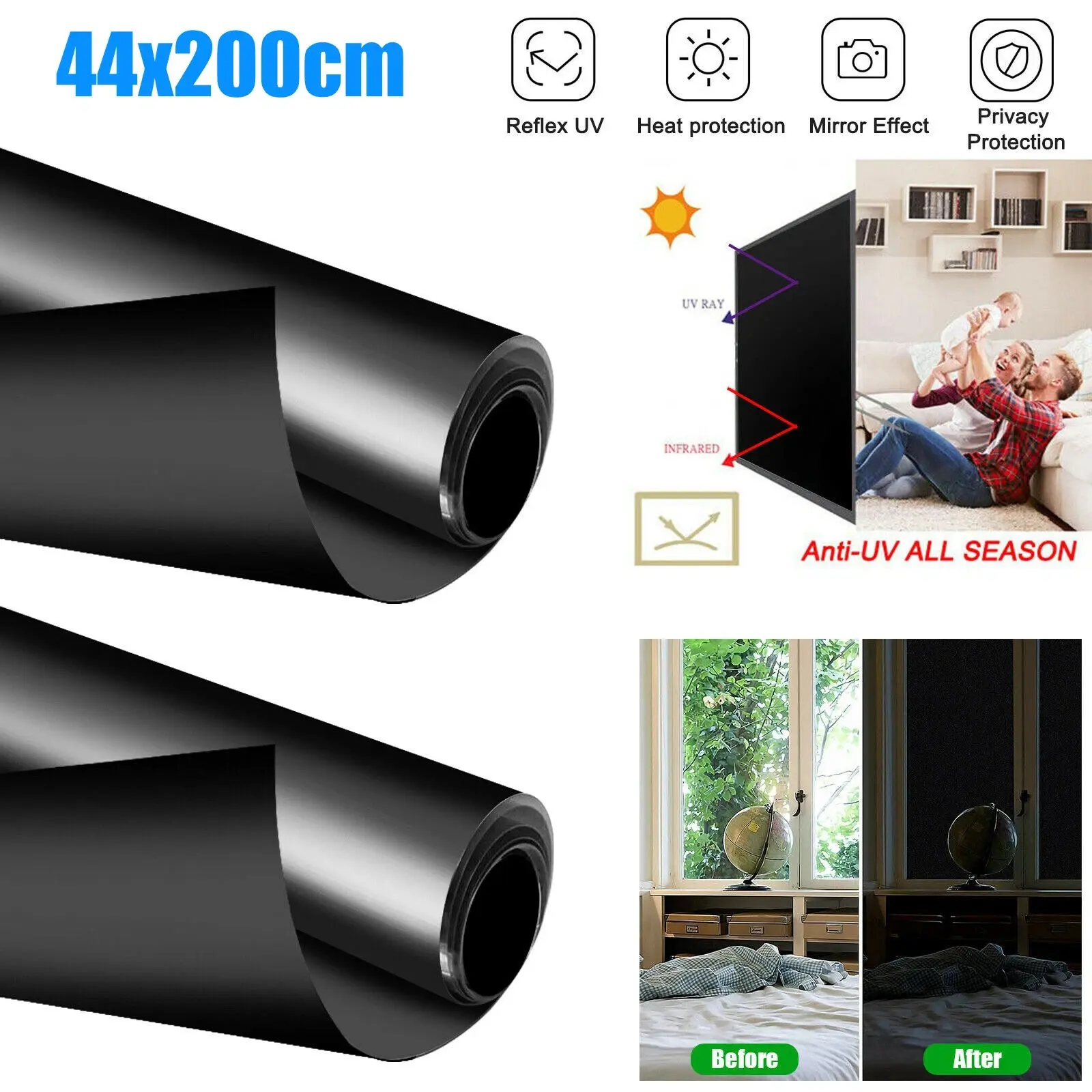 Static Cling Blackout Window Film 100% UV Blocking Privacy Tint Heat Control Glass Cover Reusable Home Office Window Sticker
