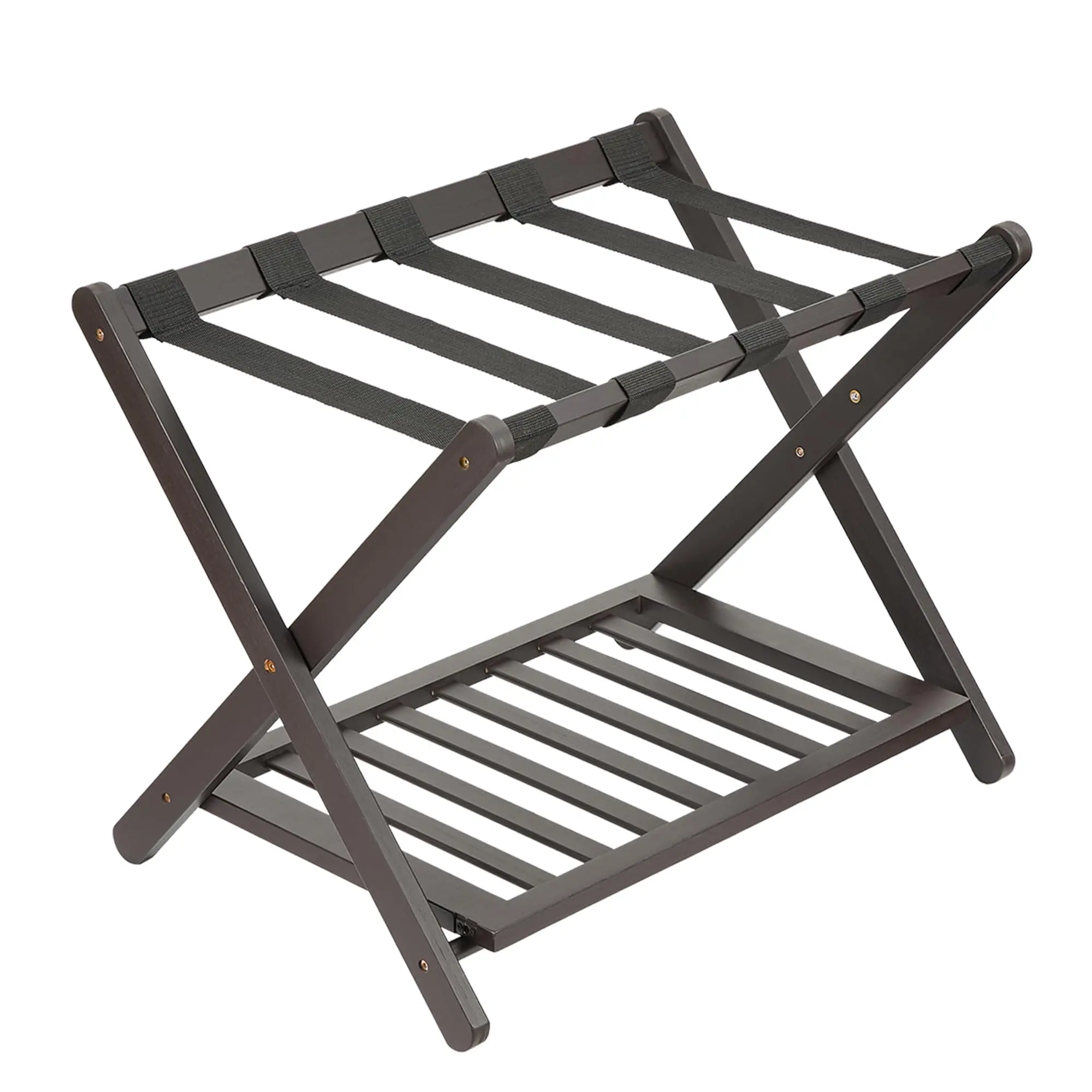 Garvee Superior Bamboo Folding Luggage Rack with Storage Shelf, 5 Durable Nylon Straps, Supports Up to 150 lbs, Space-Saving Suitcase Stand for Bedroom, Guest Room, Hotel, Brown, Single