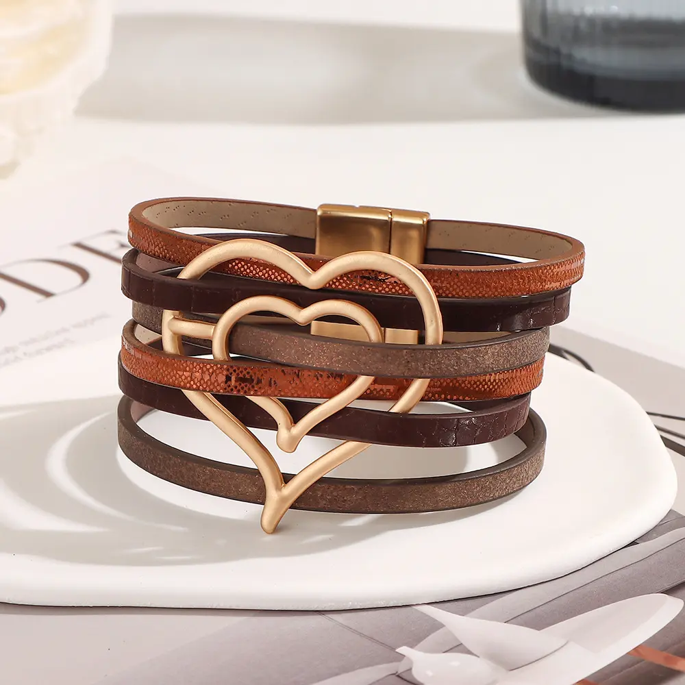Women's Hot-Selling Bohemian Handwoven Faux Leather Bangles Bracelets, Multi-Layered Alloy Magnetic Clasp Casual Wear Accessories with Double Hearts, Multiple Colors Available