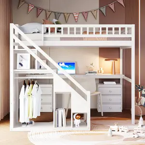 Full Size Loft Bed with Two Chest of Drawers, Desk and Light Strip, White