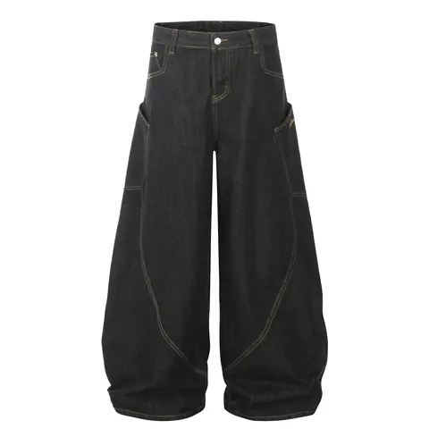 Inflation Men's Vintage Fabric Embroidered Edge Denim Pants - 2000s Retro, Oversize High-Waisted, Large Pocket, Plain, Stylish, Tall-Fit Casual & Street Style Spring Outfit