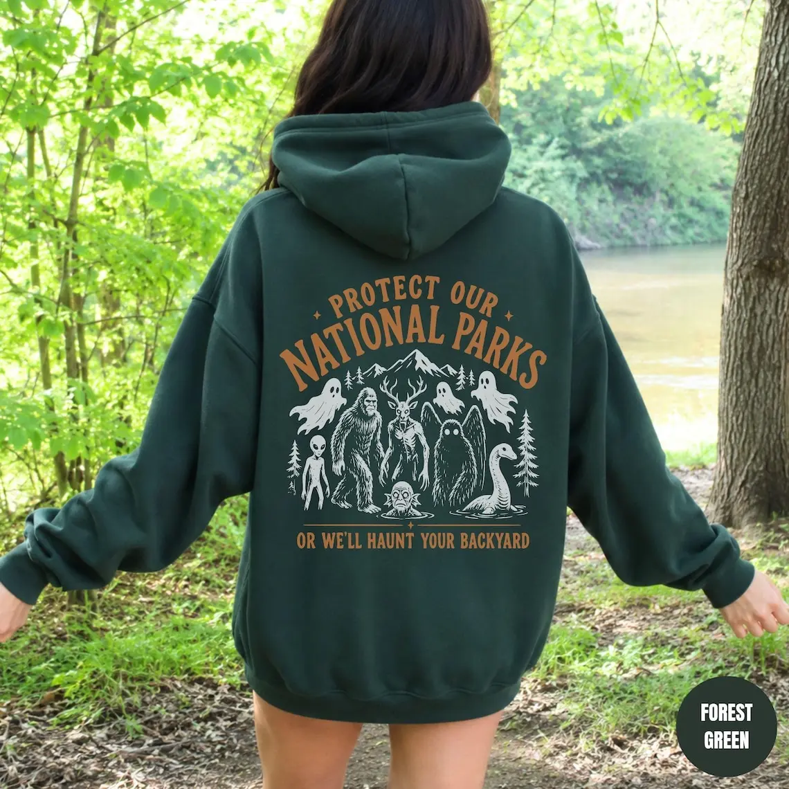 Protect Our National Parks Hoodie, Cryptid Halloween Hoodie, Bigfoot Mothman Cryptid Outdoor Nature Graphic Camping Summerween Hoodie Pullover Hoodie
