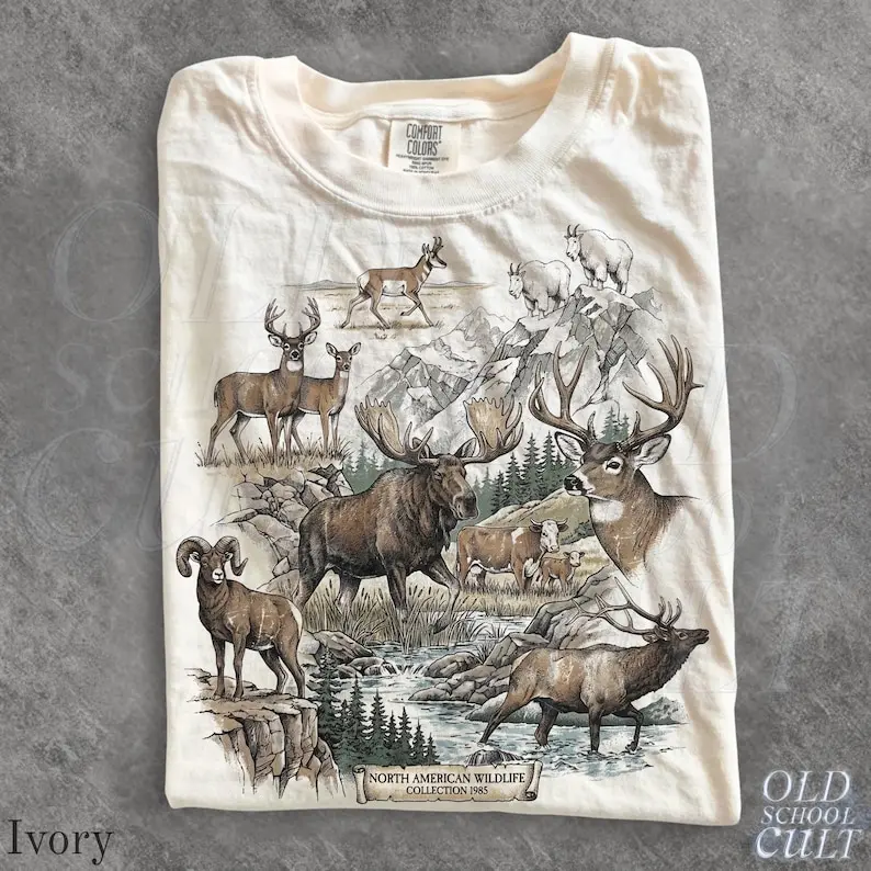 Comfort Colors North American Wildlife Shirt, Moose Deer Elk Mountain Goat Graphic Tee, Vintage Hunting Nature T-Shirt, Outdoor Lover Gift Apparel