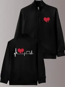 Women's Casual Printed Jacket, Coats, Stand Collar, Zipper, Long Sleeve, Fitted, Heart Pattern, Fall & Winter Fashion