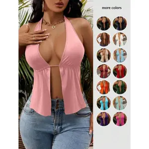 Summer Front Slit, Backless, Knotted Halterneck Beach Top Fabric Fit