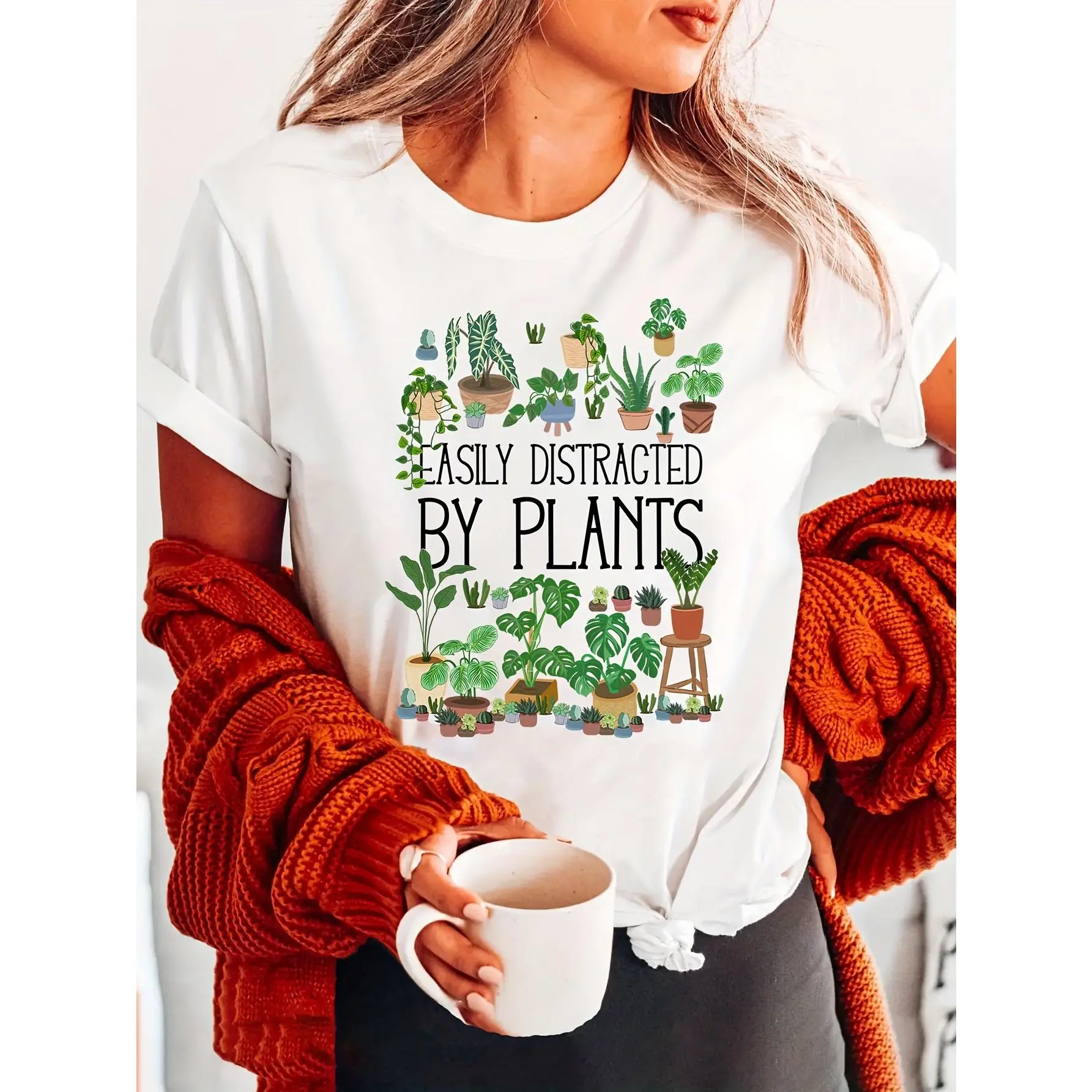 Women's Sheer Cotton Jersey T-Shirt with 'Easily Distracted by Plants' Graphic Print, Casual Short Sleeve Streetwear Layering Top, Tshirt, Vibe, Essential, Fit, Tee, Botanical Print, Valentines Day, Round Neck, All Over Print