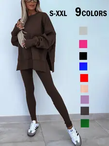 Women's Solid Long Sleeve Top & Leggings Sports Sweat Set, Casual Comfy Breathable Outfits for Yoga Gym Workout Running, Ladies Sportswear for Fall & Spring, Sweatsuit Sets