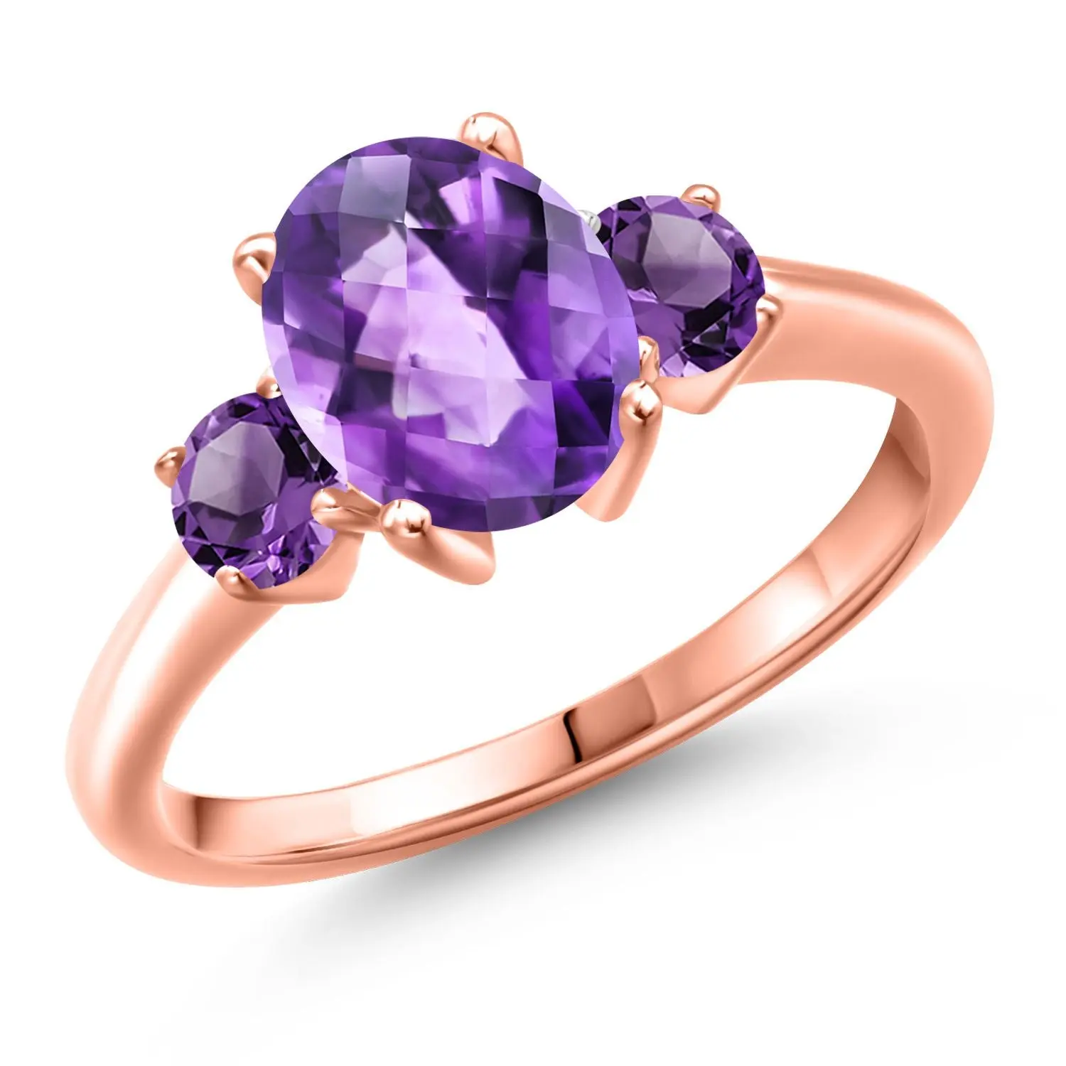 18K Rose Gold Plated Silver Gemstone Birthstone 3-Stone Engagement Ring for Women | Oval 9X7MM and Round 4MM | Three Stone Wedding Anniversary Promise Ring | Sizes 5, 6, 7, 8, 9