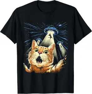 100% Cotton Unisex Alien Cat Shirt Funny Invasion Cat Selfie UFO Abduction T-Shirt