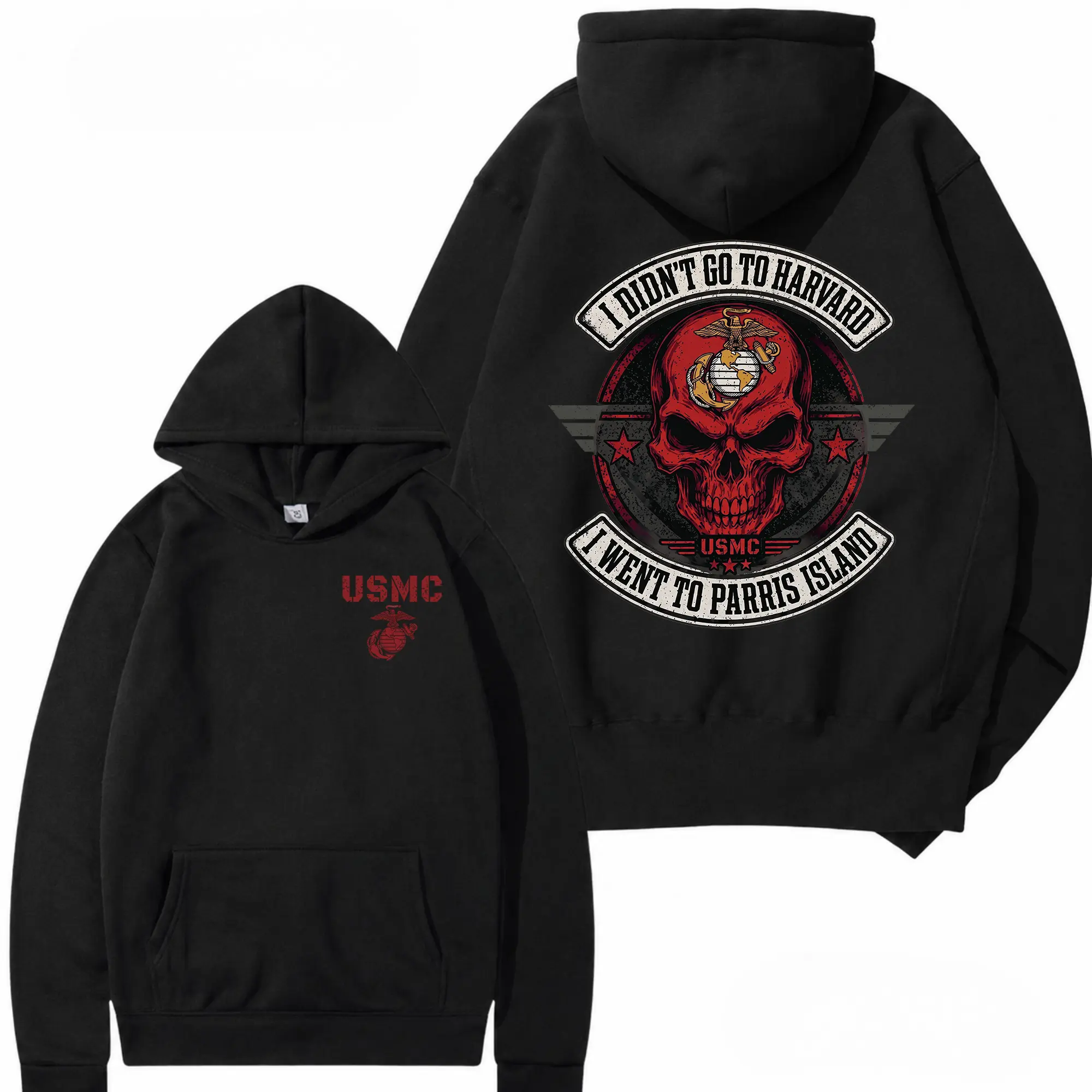 USMC Parris Island Hoodie, I Didn’t Go to Harvard Marine Corps Graphic Hoodie, Front and Back Print Pullover, Marine Graduation Gift