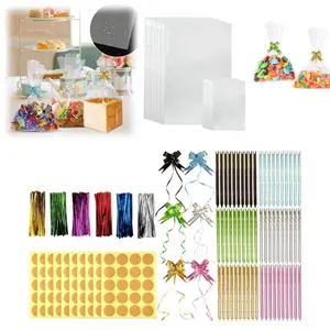 Pack of 200 Cellophane Bags - Clear, 100pcs 30 x 20 + 100pcs 10 x 15 cm, with 200 Metal Ribbons, 60 Tie Flowers and 200 Label Stickers, Biscuit Bags, Transparent Bags for Snacks