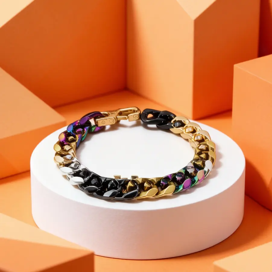 Black gold colorful gradient Cuban bracelet, heavy-duty thick metal chain adjustable spring buckle, personalized trendy bracelet